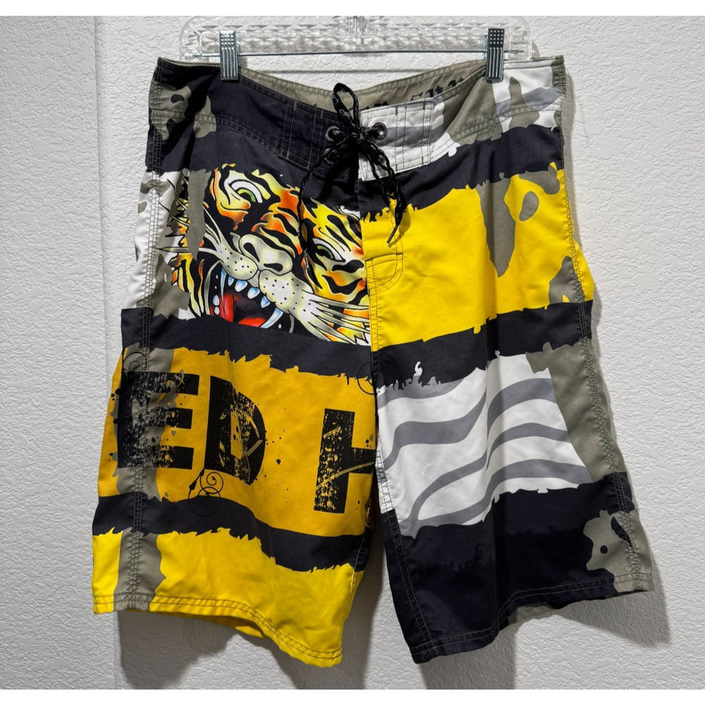 VTG Y2K Ed Hardy TIGER Board Shorts Swim Trunks 34 Graffiti Yellow Black